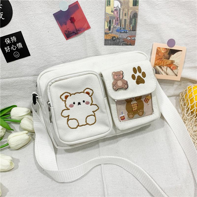 Women's printed messenger canvas bags Cute bear bag Sweet student shoulder bag with cartoon designs Ladies School Bag