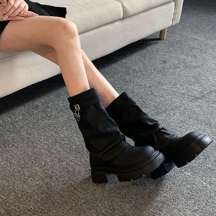 Fashion Buckle Black Ankle Boots for Women Fashion Pu Leather Thick Bottom Combat Boots Woman Thick Slip on Platform Punk Botas
