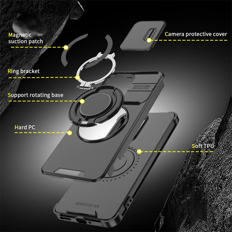 Funda For OPPO Reno 13F 5G Case Armor Slide Camera Lens Protection Back Cover Reno13F Reno13 F 4G Ring Holder Shockproof Coque