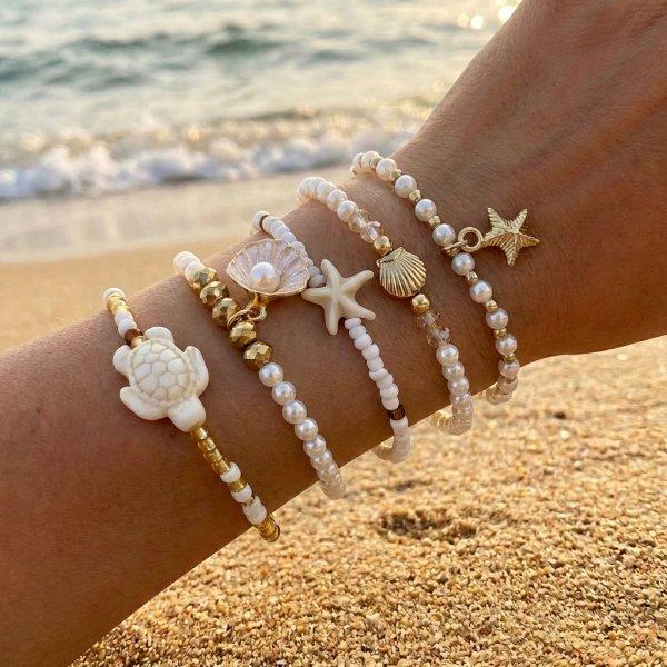 Bohemian Multilayer Pearl Beaded Bracelet Set for Women Summer Ocean Beach Starfish Shell Charm Elastic Bangles Holiday Jewelry