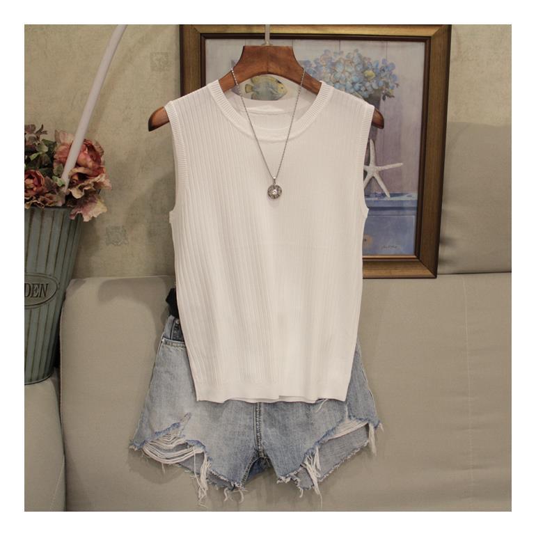Summer new round neck vest women's wide shoulder strap versatile ice silk thin sleeveless knitted solid color outerwear top