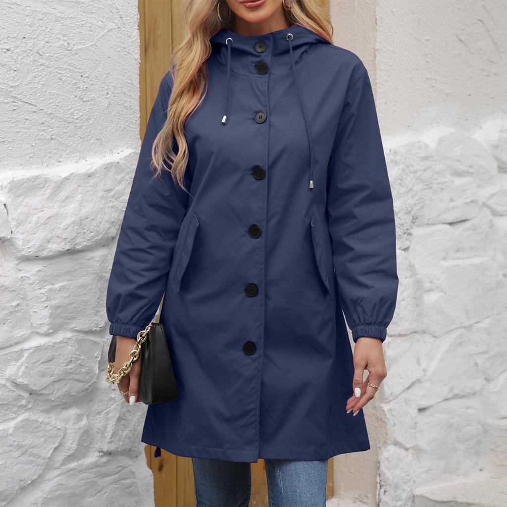 Manteau Trench Veste Coupe-vent Imperméable à Capuche Manches Longues Poches Zippées Couleur Unie Mode Femme