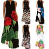 Vintage Women's Sleeveless Long Dress V-neck Printed Retro Dress