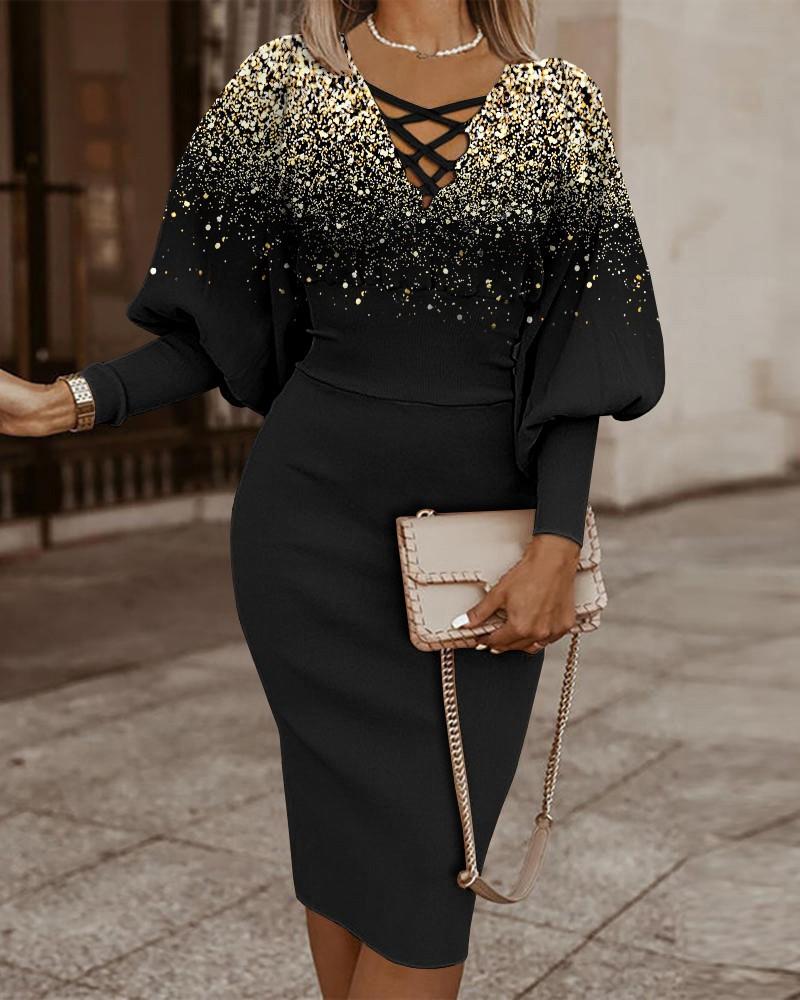 Autumn and Winter New Women's Bodycon Dress Fashion Print Lantern Sleeve V-Neck Pack Hip Dress Casual Elegant Party Dress Plus Size