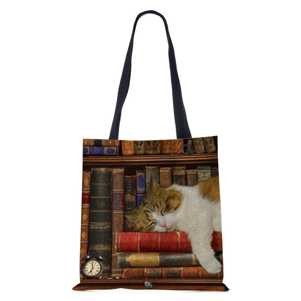 Bag Cartoon Shoulder Canvas Women Cat Harajuku 2022 Eco Reused Large Capacity Casual Handbag Shopping Travel Tote Books Bag