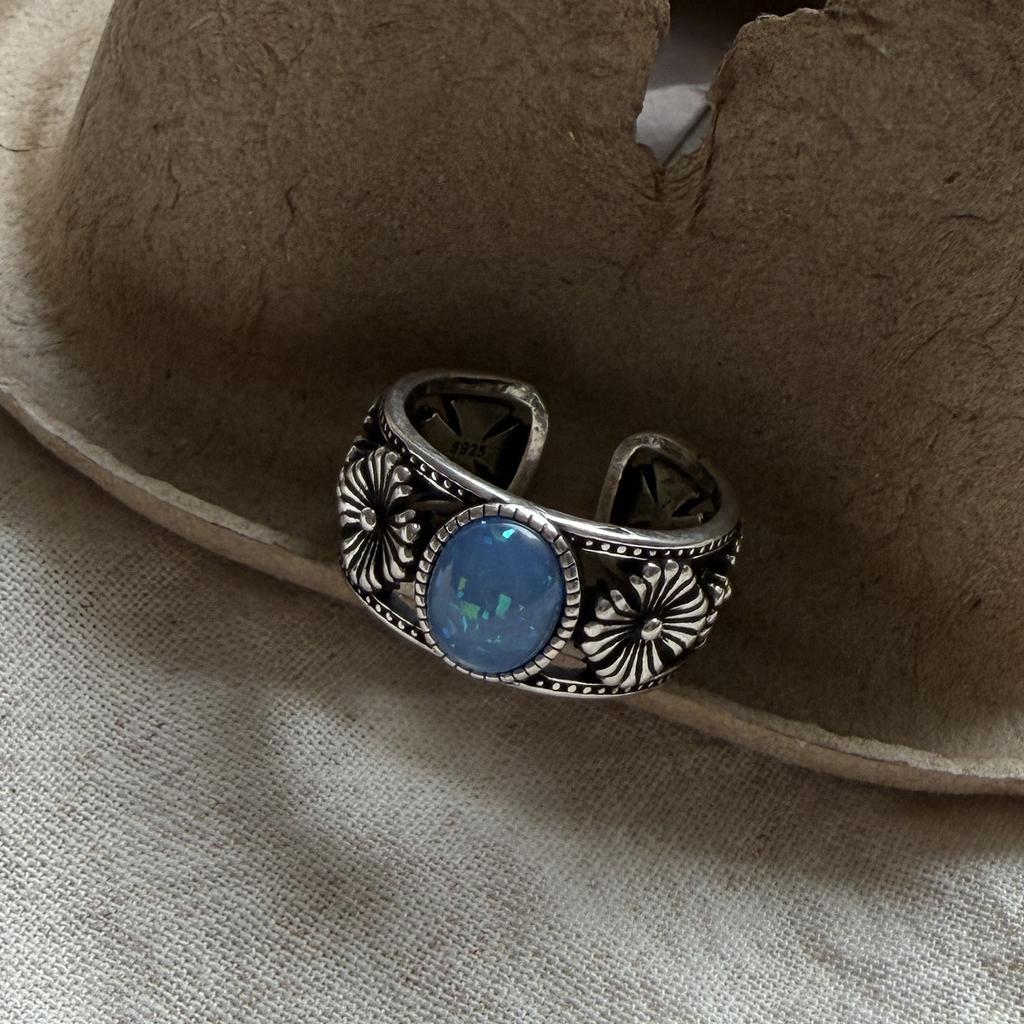 925 Sterling Silver Rings For Women Vintage Handmade Adjustable Blue Stone Ring Fashion Female Bijoux Gift