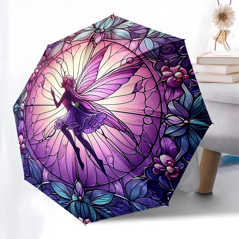 1pc Stained Glass Fairy Design Automatic Folding Umbrella - Portable 3-Fold Design with 8-Bone Iron Frame, Outdoor for Fans, Travelers, Daily Use, Gif