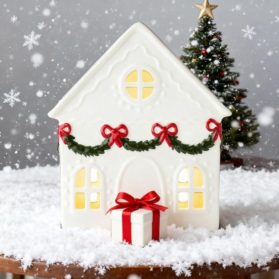 Julby Hus Figurin LED Belyst Vitt Litet Hus Bordsdekoration Vinter Rustik Bondgård Juldekor för Spiselbord Bordsyta Rum