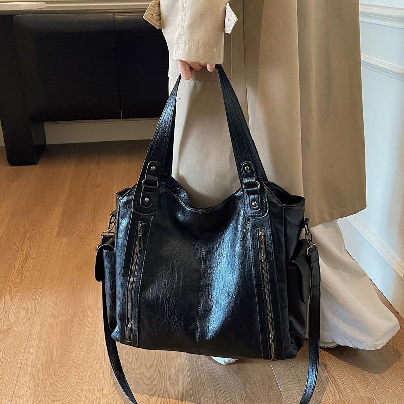 Faux Leather Tote Bag with Dual Zipper Pockets Adjustable Shoulder Strap Women's Everyday Fashi Handbag