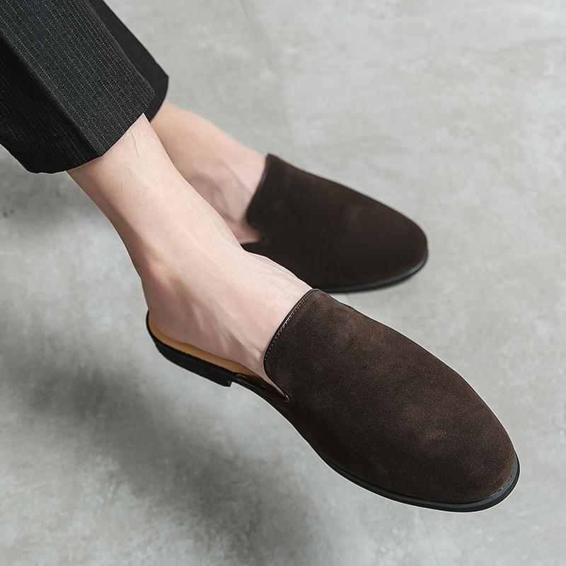 Fashion Men's Recoilless Half Slippers for Summer 2026 Frosted Leather Loafers Suede Leather Slippers for Men Zapatos Casuales