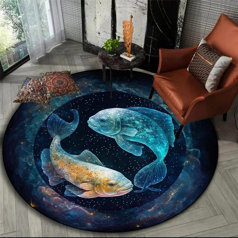Mythical Animals Round Area Rug–Tiger,Dragon Lion with Tree of Life Fantasy Carpet for Living Room,Bedroom or Meditation Space