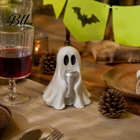 Durable Resin Holiday Ornaments Halloween Ghost Figurine with Drinks, Statue, Cute Spooky Desktop Creative Shaped Ornament for Party Tabletop