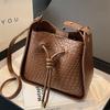 Vintage Women's Bag PU Leather Knit Large Capacity Bucket Bag Shopping Shoulder Bag Crossbody Bag