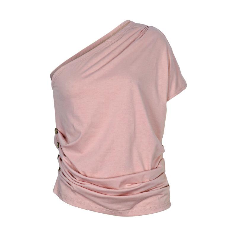 Women's Summer Simple Style Top with Personality Pink Single Shoulder T-shirt Top