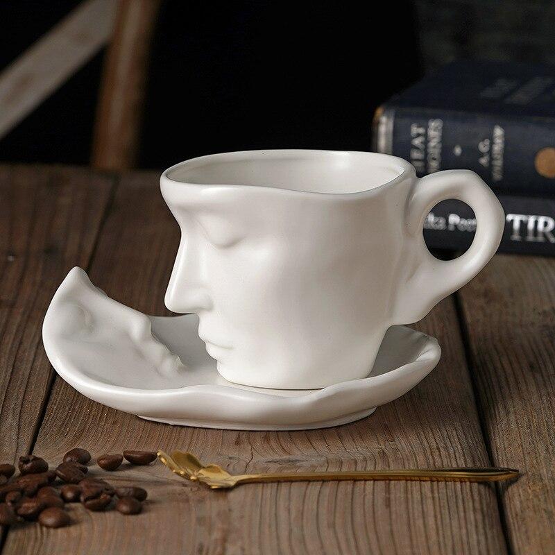 Ceramic Coffee Cup And Saucer Set Creative Abstract Art Design Matte Macaron Colors Afternoon Tea Coffee Mug Kitchen Drinkware