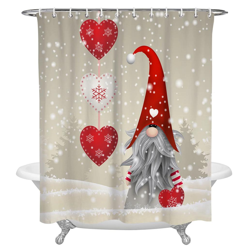 Christmas Gnomes Shower Curtain Set,Cute Winter Xmas Holiday Tree Buffalo Check Plaid Shower Curtains For Bathroom Decor,Hooks