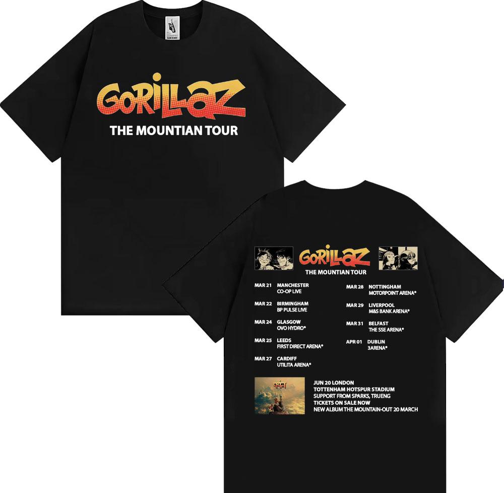 Band Gorillaz New Album The Mountian Tour T Shirts Men Women Vintage Fashion Cartoon Tshirts Cotton Casual Short Sleeve Tshirt