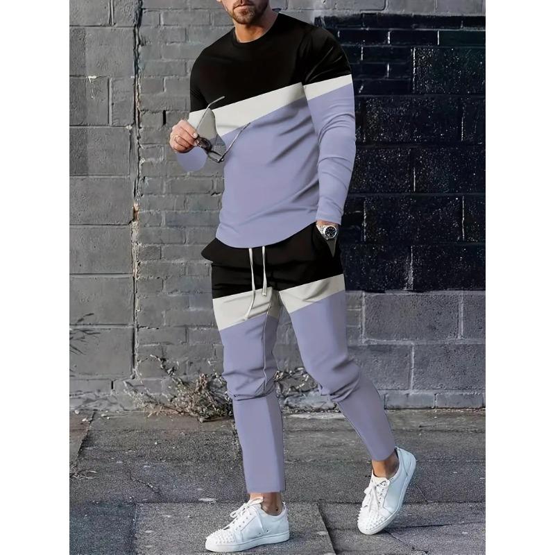 Men's Casual 2-Piece Outfit Long Sleeve T-Shirt & Pants Set Comfortable Crew Neck Tee Breathable Solid Color Pants