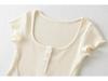 American Style Slim Fit U-Neck Buttoned Waffle Knit Crop Top for Women