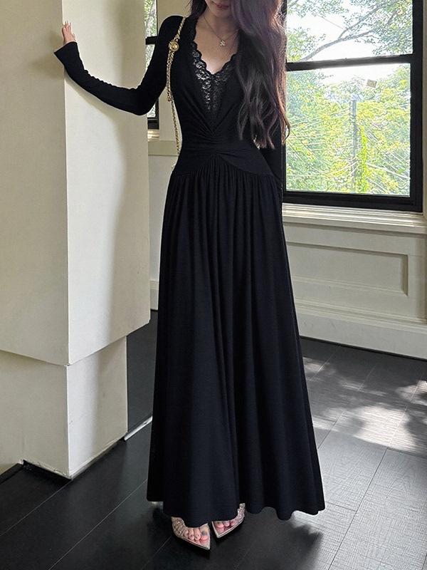 Lace Splicing Pure Desire Wind V-neck Long-sleeved Dress Women's Autumn Slim-fitting Waist Skirt Design Sense Big Swing Dress