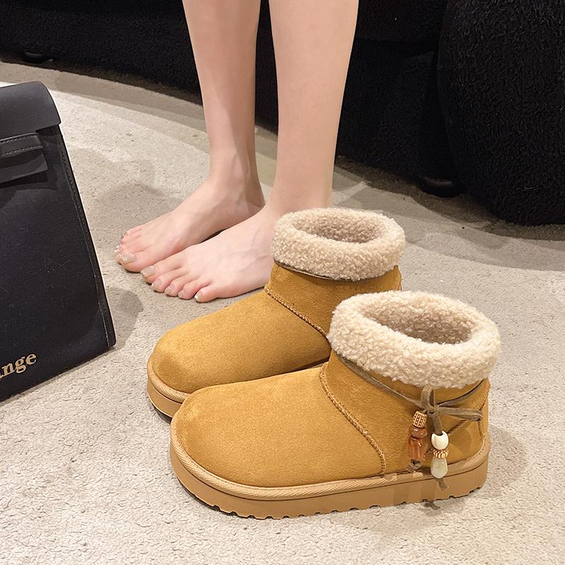 Sweet Bowknot Decoration Cotton Snow Boots Women 2025 Winter Warm Short Plush Ankle Boots Faux Fur Slip On Booties