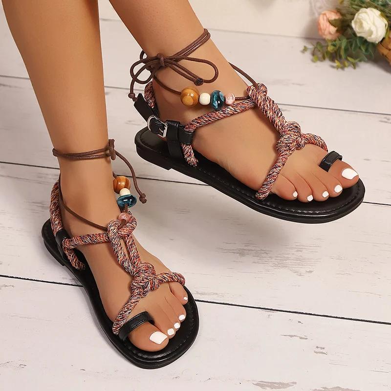 Fashion Ring Toe Roman Sandals for Women Bohemian Style Outdoor Flat Sandals Woman Summer 2026 Comfortable Non Slip Beach Shoes