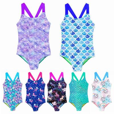 Kids Girls One Piece Swimsuits Printed Sleeveless Wide Shoulder Straps Leotard Swimwear