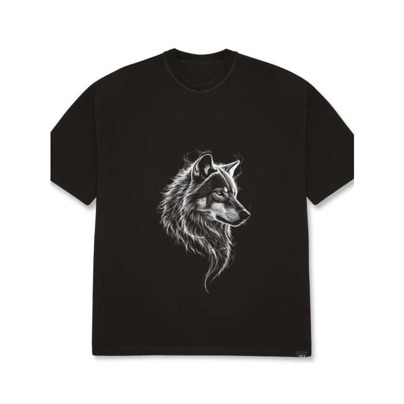 Oversized T Shirt Black Wolf Head Graphic Print Casual Streetwear Men's Top