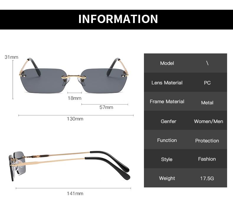 Women Vintage Rimless Square Sunglasses UV400 Protection Transparent Lens Punk Rectangle Design Ladies Sun Glasses