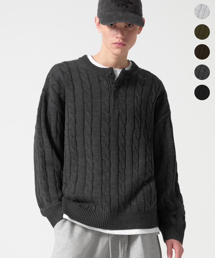 TRILLION Semi-Crop Henley Neck Cable Knit_5Color