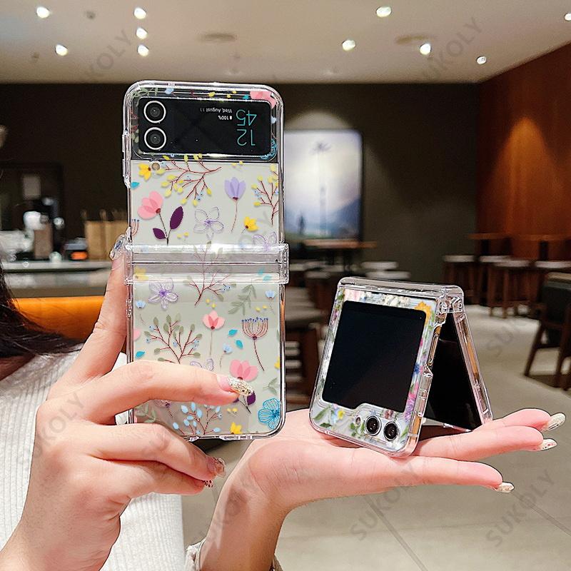 Flower Pattern Clear Case For Samsung Galaxy Z Flip 7 FE 6 5 4 3 Transparent Hard Folding Cover For Samsung Z Flip5 Flip4 Flip6