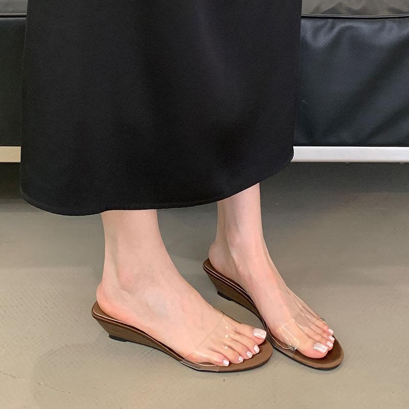 Fashion Fashion Transparent Women Wedges Slippers Female Slides Sandals Shoes Round Toe Footwear Ladies Heeled Slippers Wedges Shoes