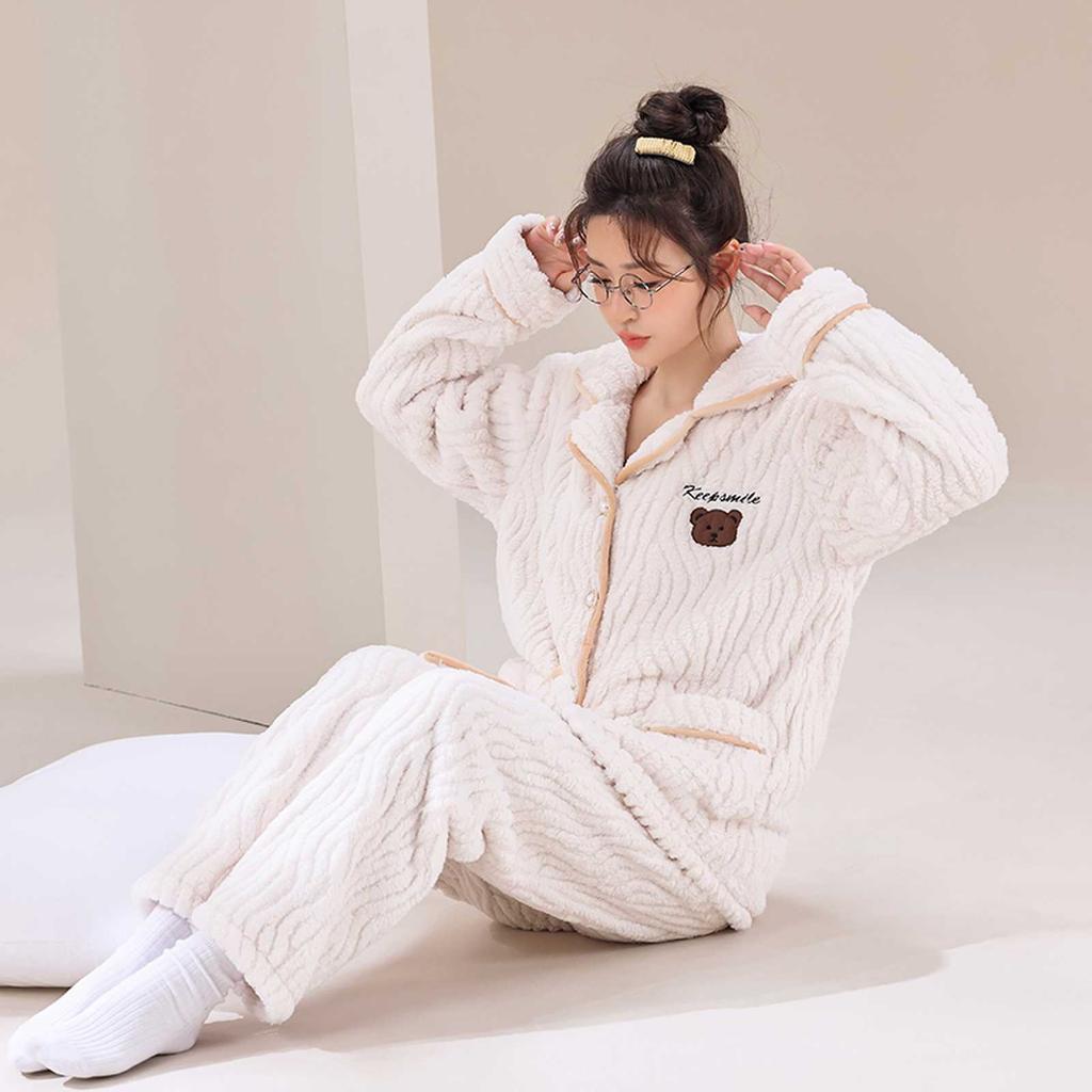 Autumn and Winter Coral Velvet Pajamas New Cashmere and Thick Warm Double-sided Velvet Set Small Fragrant Wind Home Clothes Can Be Worn Outside