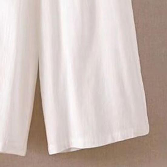 Women Cropped Pants Elastic High Waist Solid Color Wide Leg Trousers with Pockets Summer Thin Casual Pants
