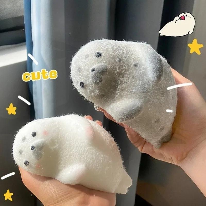 Kids  Childrens Kawaii Flocked Seal Squishy Toy Slow Rising Soft Pinching Squeeze Toy Anti-Stress Sensory Fidget Toy for Adults Gift Present