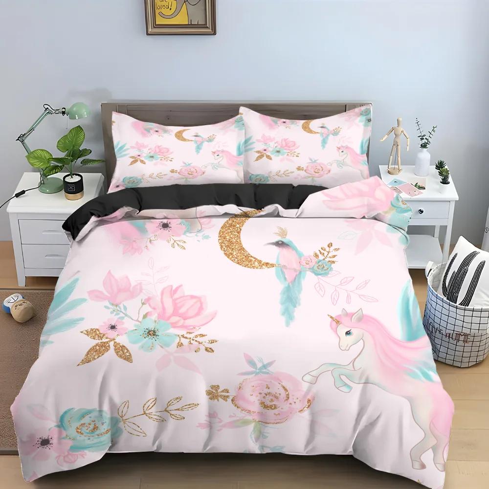 Cartoon Unicorn Pink King Queen Duvet Cover Kids Girls Lovely Animal Bedding Set Rainbow Quilt Cover Polyester Comforter Cover