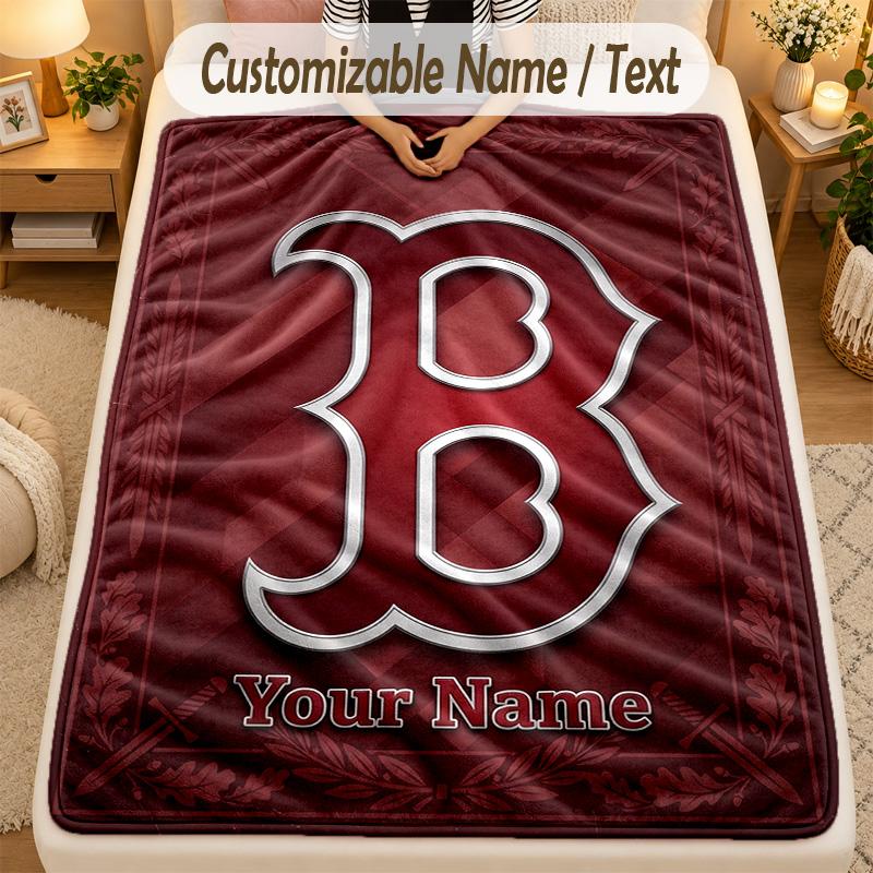 Flannel BlanketBoston Red Sox Custom Name Text Personalized Soft Warm Throw Blanket Home Decor Gift