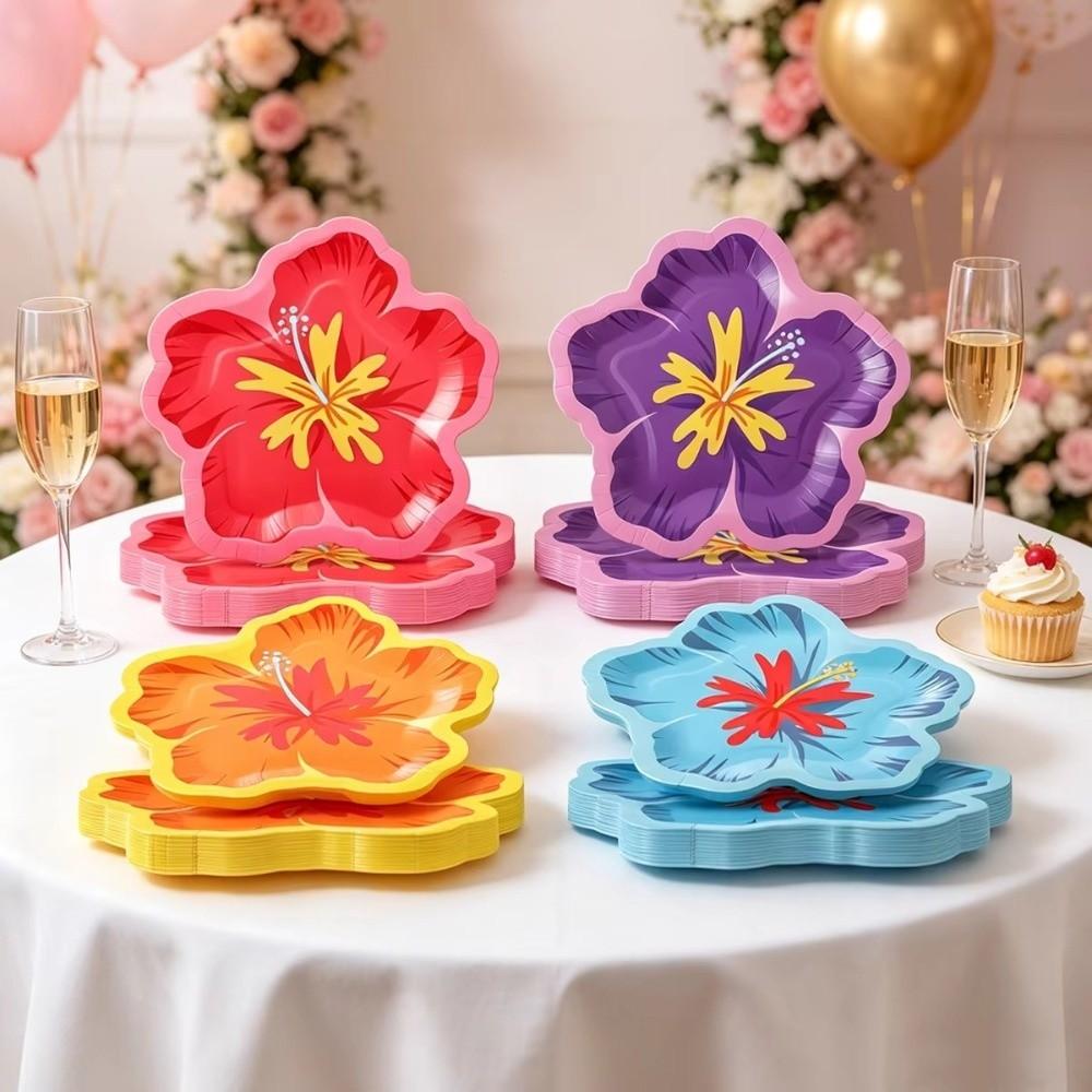 10Pcs Paper Flower Shaped Paper Plates Hibiscus Flower Pattern Party Plates Single Use