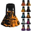Halloween Print Flare Kleid für Frauen Langarm Kleid Hohl Party Casual Kleider
