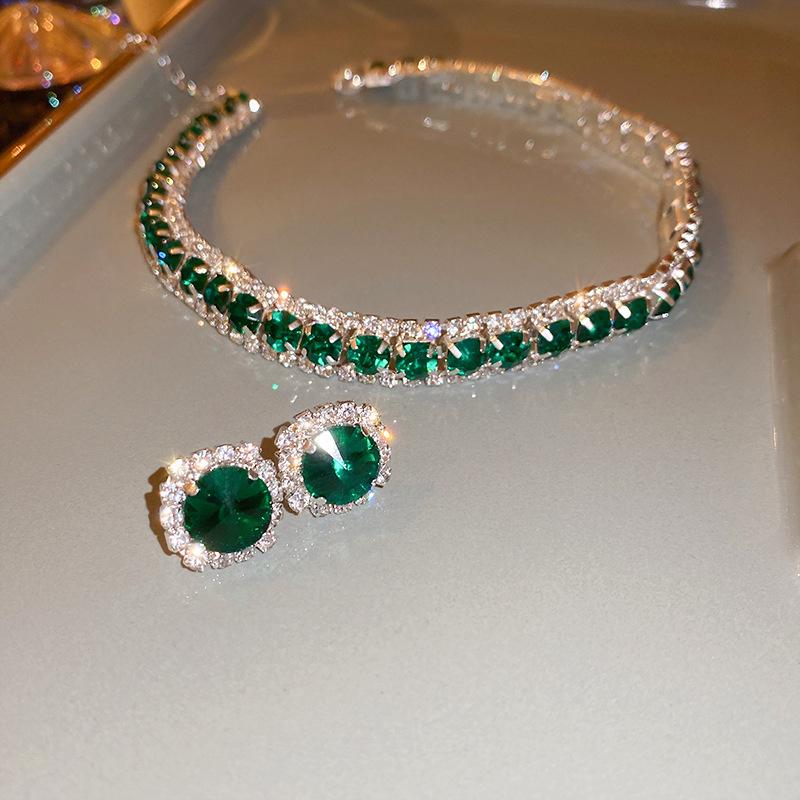 Lyx Halsband Örhängen Set Grön Kristall Halsband Kvinnor Bröllop Brud Smycken Tillbehör