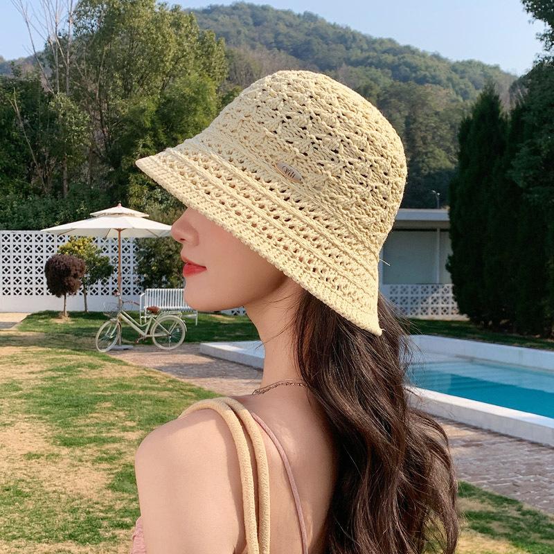 Hat Women'S Knitted Basin Hat Summer Sunscreen Visor Hat Hollowed Out And Breathable, Split Fork Bucket Hat Fashionable And Small Face