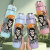 1PC Skeleton Skull Band Orange Print 750ml Colorful Plastic Sports Water Bottle Leakproof Pop Up Lid with Straw for Outdoor Work Home Use
