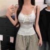 Women's V Neck Sleeveless Crop Tank Top Slim Fit Sweet Style Camisole Solid Ribbed Knit Ruffle Tie Built-in Pad Summer Layering Cami Top