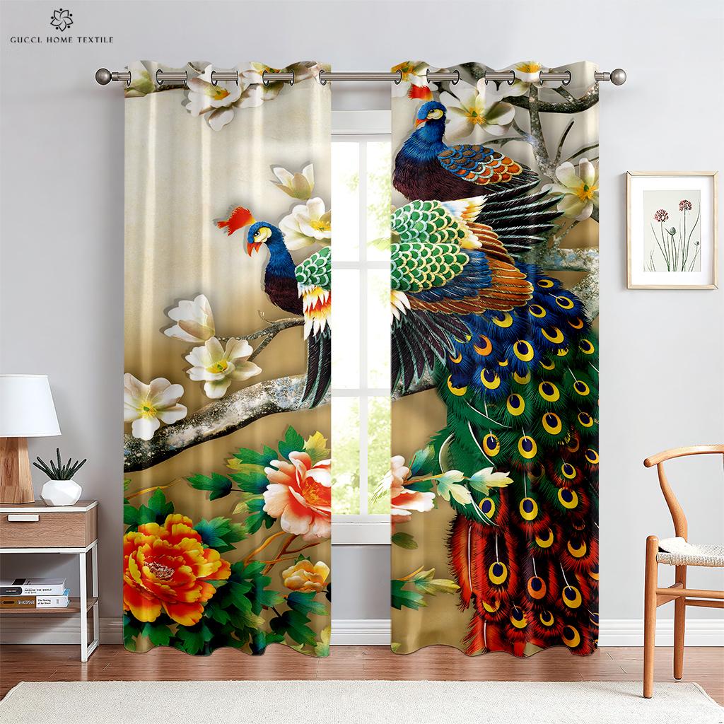 Vintage Peacock 3D Printing Window Curtains, Rod Pocket, Bedroom, Living Room, Kitchen Decoration, Can Be Customized, 2Pcs