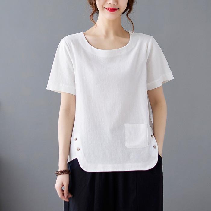 New Summertime Imitation Cotton and Linen Fat MM Large Size Informal Simple Retro Solid Color Loose Short-sleeved T-shirt for Women