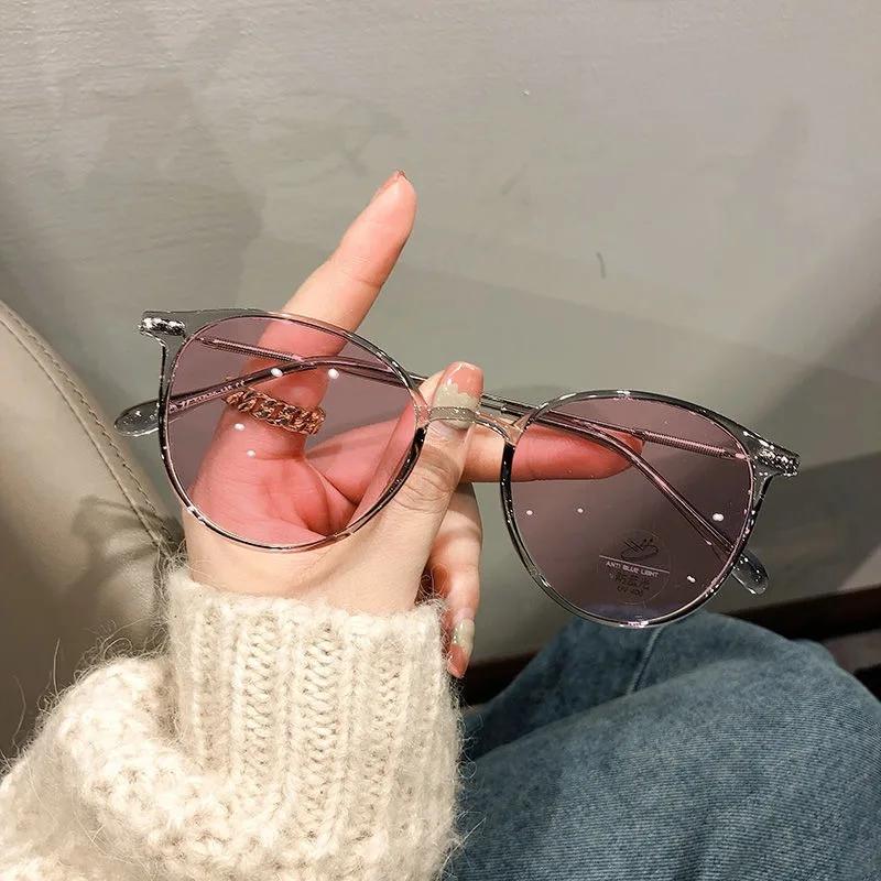 Anti Blue Light Color Changing Myopia Glasses Women Flat Lenses 0-600 Small Circular Frame Resin Sunglasses