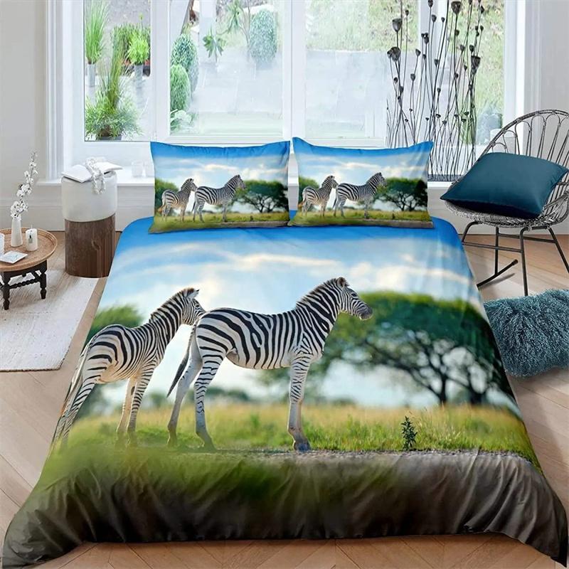 Zebra Duvet Cover Set  Polyester Comforter Cover Black And White Stripe Wild Animals For Kids Teens Bedding Set King Queen Size