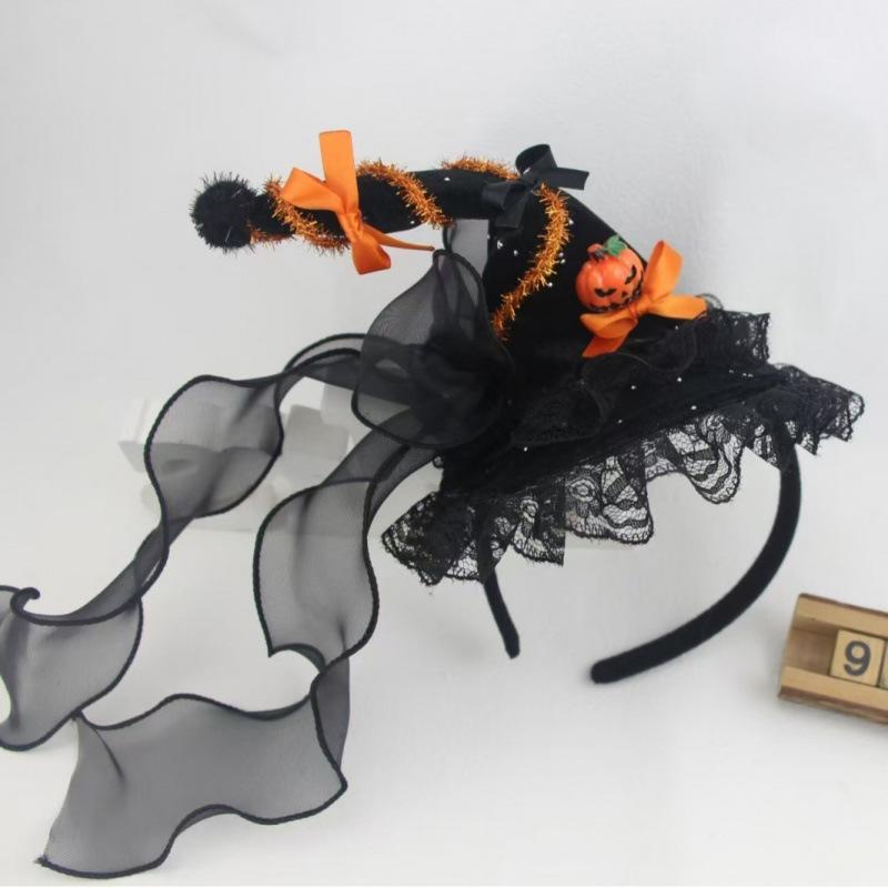Halloween Witch Hat Headband Lace Trim Ghost Skull Rose Spider Web Hair Accessory For Halloween Party Cosplay Women Girls