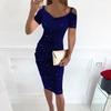 Sommerkleid für Damen, V-Ausschnitt, kurze Ärmel, ausgehöhlt, schulterfrei, Strass, einfarbig, weich, eng, hohe Taille, Etuikleid, plissiert, elastisch, Party, Club