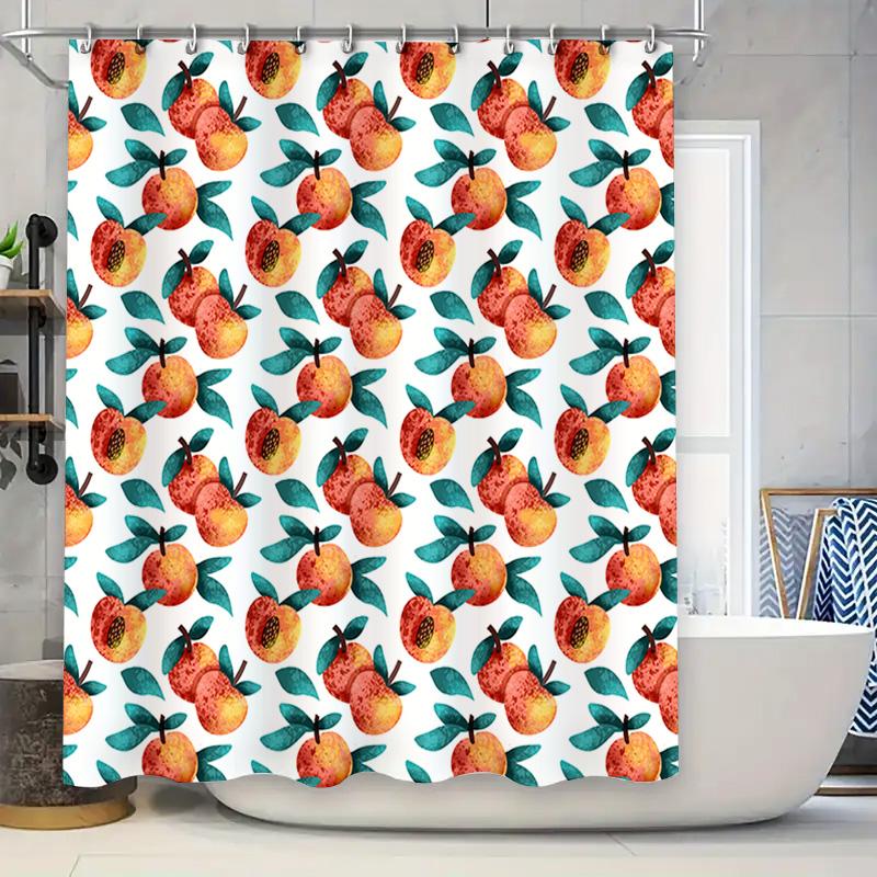 Vintage Peach Pattern Shower Curtain Watermelon Fruit Design for Bathroom Decor White Fabric Shampoo Bag with Hooks Set (210x180